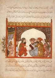 Ms Ar 5847 f.16, Cancillería Maragha: el gobernador ha propuesto a Abu Zayd entrar en su servicio, de Al Maqamat por Al Hariri, c.1240 (gouache sobre vitela)