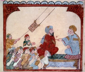 El navegante vagabundo Abu-Zayd. Miniatura del Maqamat (Seances) de Abu Mohammed al-Kasim ibn Ali Hariri (1054-1122) iluminada por Yahya Mahmud al-Wasiti en 1237, París