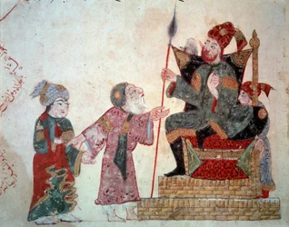 El navegante vagabundo Abu-Zayd y su hijo ante el gobernador. Miniatura del Maqamat (Seances) de Abu Mohammed al-Kasim ibn Ali Hariri (1054-1122) iluminada por Yahya Mahmud al-Wasiti