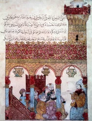 El navegante errante Abu-Zayd en la Mezquita de Basora. Miniatura de las “Maqamat” de Abu Mohammed al-Kasim ibn Ali Hariri (1054-1122) iluminada por Yahya Mahmud al-Wasiti