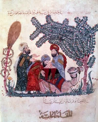El burgués al-Harith, hijo de Hammam, descubre un mensaje del navegante errante Abu-Zayd. Miniatura tomada de las “Maqamat” de Abu Mohammed al-Kasim ibn Ali Hariri (1054-1122) iluminada