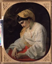 Una novia joven (Una novia). Retrato de perfil de una joven triste con expresión resignada. Pintura de Yakov Fyodorovich Kapkov (1816-1854), óleo sobre lienzo