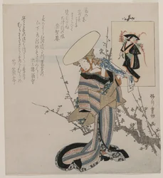Mujer junto a un ciruelo comparada con la Doncella de la Glicinia (de una serie de mujeres comparadas con figuras de pinturas de Otsu)