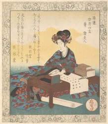 Dama china sentada a una mesa, componiendo una oda