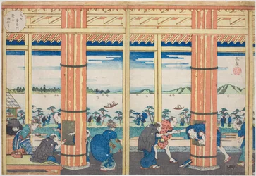 El refugio de lluvia en la colina Nii junto al río Aji, Osaka, de la serie "Lugares famosos en Osaka: Bellas vistas del monte Tenpo"