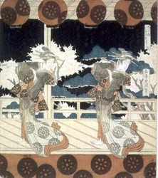 Dos Bailarines Actúan en el Escenario, de La Danza en Furuichi para la serie del Grupo Hisakataya, c.1822