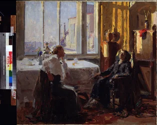 En el estudio de un artista. Pintura de Yefim Mikhailovich Cheptov (1875-1950). Óleo sobre lienzo