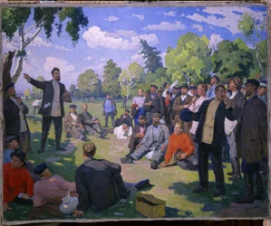 El Día del Trabajo, el 1 de mayo de 1891. Día de descanso y reunión de trabajadores en un parque soleado. Pintura de Yefim Mikhailovich Cheptsov (1875-1950), óleo sobre lienzo 1935. Arte soviético del siglo XX. Museo Estatal de Rusia, San