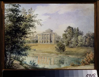 Vista del Palacio Pavlovsk (San Petersburgo). (Vista del Palacio Pavlovsk). Construido entre 1782 y 1786 por el arquitecto Charles Cameron. Obra de Yegor Yegorovich Meier (1822-1867), acuarela sobre papel