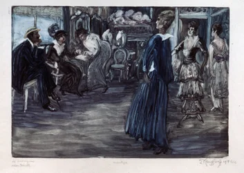 Taller de moda (Taller de moda). Sala de presentación de modelos de alta costura, mujeres desfilan frente a una pareja en una sala privada. Obra de Yelisaveta (Elisabeth) Sergeyevna Krouglikova (Elizaveta Sergeevna Krouglikova) (1865-1941), monotipia