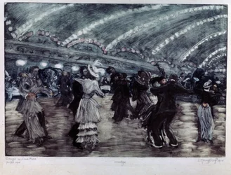 El Tango a Luna Park (Baile de Tango en el Luna Park). Parejas de bailarines en una amplia pista, iluminada desde el techo por guirnaldas de luz. Obra de arte de Yelisaveta (Elisabeth) Sergeyevna Krouglikova (Elizaveta Sergeevna Krouglikova) (1865-1941), g