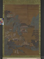 Evening Banquet In The Peach And Plum Garden (tinta, color y oro sobre seda)