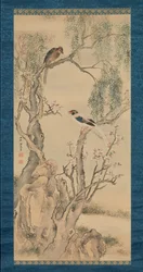 Aves en Sauces y Árbol de Durazno en Flor