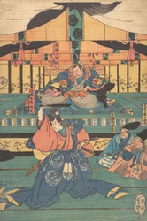 Actores de Kabuki interpretan a Oashibara Ueno no kami Masahira, Tokiwa Mikuriya Betto T..., mediados del siglo XIX