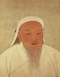 Retrato de Gengis Kan (c. 1162-1227), kan mongol, fundador de la dinastía imperial Yuan, que hizo de China el centro del gran Imperio mongol (1260-1368), tinta y acuarela sobre seda, borde de seda estampada