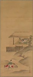 Minamoto no Nakakuni Visita a la dama Kogo, Tríptico de pergaminos colgantes, finales del siglo XVII (tinta y color sobre seda)