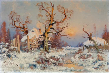 Paisaje de invierno en el sol vespertino. Pintura de Juli Julievich (Julius) von Klever (1850-1924), óleo sobre lienzo, finales del siglo XIX y principios del XX. Arte ruso, realismo. Colección privada.
