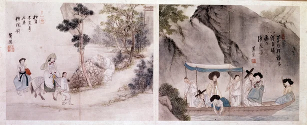 Art coreen: escena de paseo y barco. Grabados de Sin Yun Bok (o Hyewon) (nacido en 1758). Siglo XVIII.
