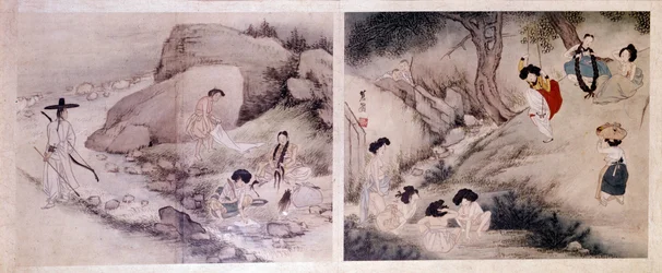 Arte coreano: mujeres lavando su ropa y vistiéndose, y mujeres haciendo sus necesidades y entreteniéndose. Grabados de Sin Yun Bok (o Hyewon) (nacido en 1758). Colección Hyung Pil Chun