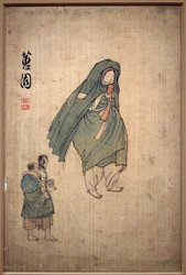 Mujer envuelta en su abrigo, pasando junto a dos niños. Pintura de Shin Yunbok (ca. 1758-1813), tinta sobre papel