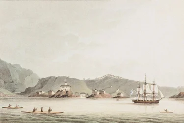 Ilustración de Un viaje alrededor del mundo en los años 1803-06, en el barco Neva, 1814