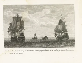 Einde van het gevecht van Jan Bart op 22 mei, 1689 Fin del combate del 22 de mayo de 1689, donde Jean-Bart y Forbin, aunque desenmascarados, sólo se rinden cuando tienen asegurada la retirada de su Flota (título sobre objeto) Colección de las peleas de Jea