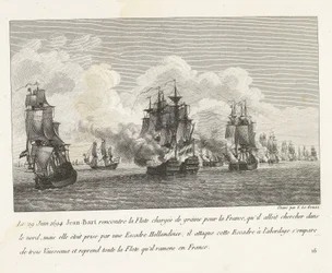 Jan Bart herovert graanschepen op een Hollands eskader, 1694 El 29 de junio de 1694, Jean-Bart se encontró con la Flota cargada de grano para Francia (...) y se hizo cargo de toda la Flota que trajo de regreso a Francia (título sobre el objeto) Colección d