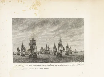 Jan Bart vaart Duinkerke binnen conoció a de heroverde graanschepen, 1694 El 3 de julio de 1694 Jean-Bart regresa al Puerto de Dunkerque con la Flota cargada de sangrados que había tomado, así como tres Buques de la Escuadra enemiga (título sobre objeto) R