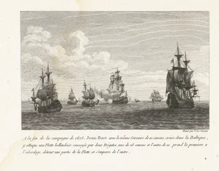 Jan Bart valt Hollandse schepen en de Baltische zee aan, 1675 Al final de la campaña de 1675, Jean-Bart con el mismo Corsair de 10 cañones, cruceros en el Báltico, ataca allí una flota holandesa (...) (título sobre objeto) Colección de peleas de Jean-Bar