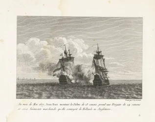 Jan Bart verovert een Hollands fregat, 1677 En el mes de mayo de 1677, Jean-Bart montó el Palme de 18 cañones, tomó una fragata de 24 cañones y dieciséis barcos mercantes que transportaba desde Holanda a Inglaterra (título sobre el objeto) Colección de pel