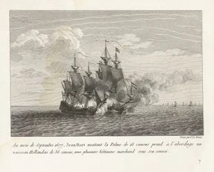 Jan Bart verovert een Hollands fregat, 1677 En septiembre de 1677, Jean-Bart montó el Palme de 18 cañones a bordo de un barco holandés de 36 cañones, con varios barcos mercantes bajo su convoy (título sobre el objeto) colección de peleas