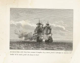 Jan Bart verovert een Hollands fregat, 1678 En marzo de 1678, Jean-Bart, montando el Dauphin de 14 cañones, abordó un barco holandés de 32 cañones, guardacostas frente al Texel (título sobre el objeto) Colección de las peleas de Jean-Bart, jefe de Es