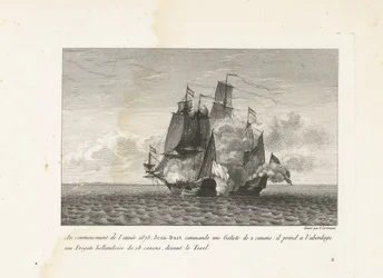 Jan Bart verovert een Hollands fregat bij Texel, 1675 A principios del año 1675, Jean-Bart comanda un Galiote de 2 cañones: abordó una fragata holandesa de 18 cañones, frente al Texel (título sobre objeto) Colección de peleas de Jean-B