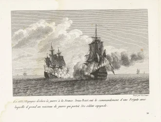 Jan Bart verovert een Spaans schip reunió a 350 soldados aan boord, 1683 En 1683, España declaró la guerra a Francia, Jean-Bart tenía el mando de una fragata con la que tomó un buque de guerra que transportaba 350 soldados españoles (título en obje
