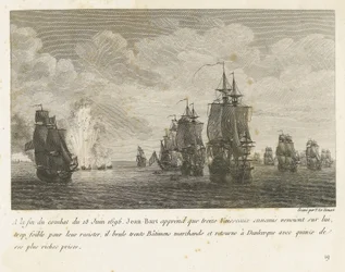 Treffen tussen een vloot onder Jan Bart y een Hollandse vloot, 1696 Al final de la lucha del 18 de junio de 1696, Jean-Bart se entera de que hay trece barcos enemigos (...) y regresa a Dunkerque con quince de sus más ricas presas (título sobre objeto) cole