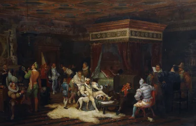 La llegada del duque de Guisa a la cámara del rey Enrique III en Fontainebleau, 1861