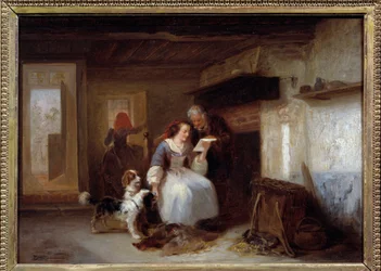 La carta. Mujer joven leyendo una carta en un interior campesino. Pintura de Zacharie Natermann