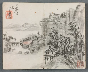 Álbum en miniatura con figuras y paisaje Paisaje de acantilado con puente, 1822