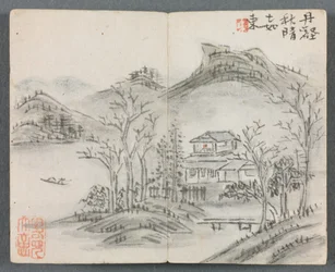 Álbum en miniatura con figuras y paisaje con colina, casa, barco y puente