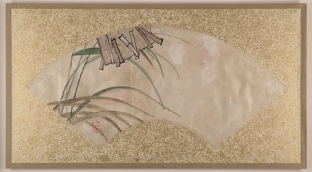 Flores (rosas y blancas) y hojas, badajos, finales del siglo XIX (pintura en abanico montada como hoja de álbum; temple sobre papel)