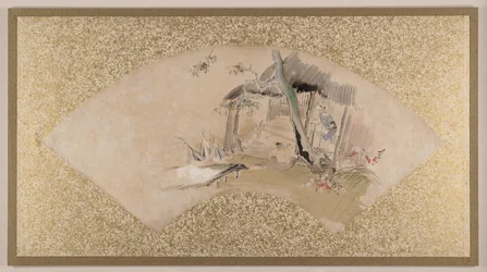 Casa con mujer y bebé, finales del siglo XIX (pintura en abanico montada como hoja de álbum; temple sobre papel)