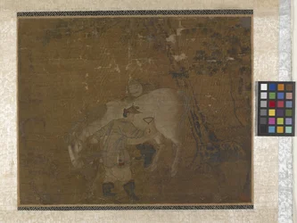 Grooms Combing White Horse (colores sobre seda)