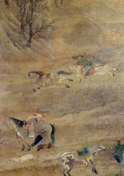 Jinete mongol persiguiendo un caballo. (detalle). Pintura en seda de Fou Tchao Mong