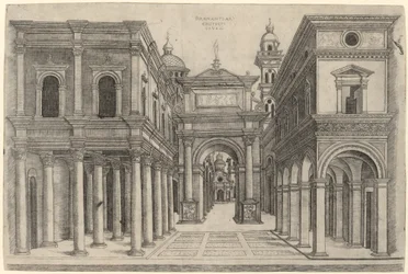 Una calle con varios edificios, columnatas y un arco, c. 1500-1510