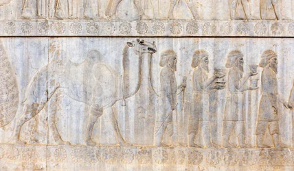 Relieve antiguo de los aqueménidas; delegación de los partos con camello; Palacio de Apadana; sitio arqueológico; antigua ciudad persa Persépolis; Patrimonio de la Humanidad por la UNESCO; Provincia de Fars; Irán; Asia