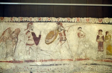 Escena de batalla entre dos guerreros, fresco de la Necrópolis en Andriuolo-Laghetto en Paestum, Campania, Italia, civilización griega antigua, Magna Grecia, siglo IV a.C.