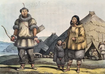 Familia Chukchi frente a una choza, Estrecho de Bering, Rusia, por Louis Choris (1795-1828)