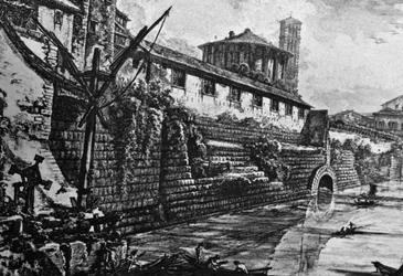 Cloaca Máxima (sistema de alcantarillado antiguo) y Templo de Vesta o Hércules Victor, grabado de Giovanni Battista Piranesi (1720-1778), Italia