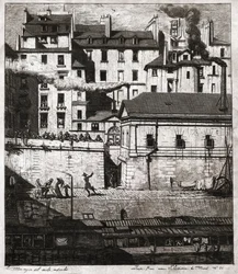 Escena del crimen con intervención policial en los muelles de París. circa 1860 (grabado)
