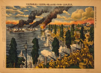 Lucha entre la caballería japonesa y los barcos de guerra rusos